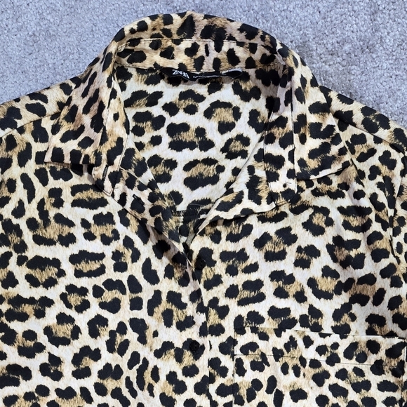 Zara Leopard Print Tan Button-Up Shirt Large Chest Pocket Longline Chic - Picture 4 of 9